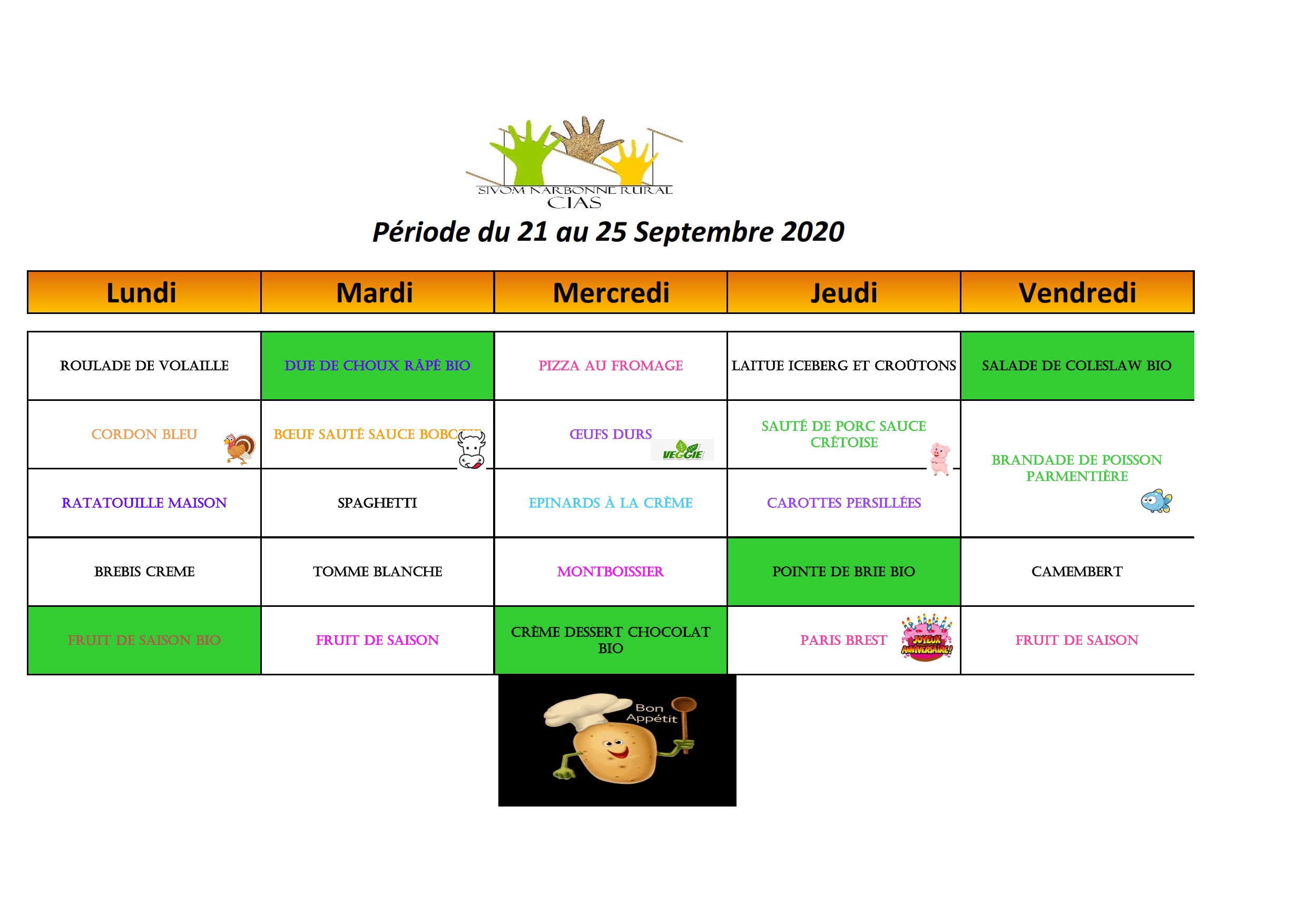 Menus cantines scolaires semaine du 21 au 25 sept - MAIRIE D'OUVEILLAN
